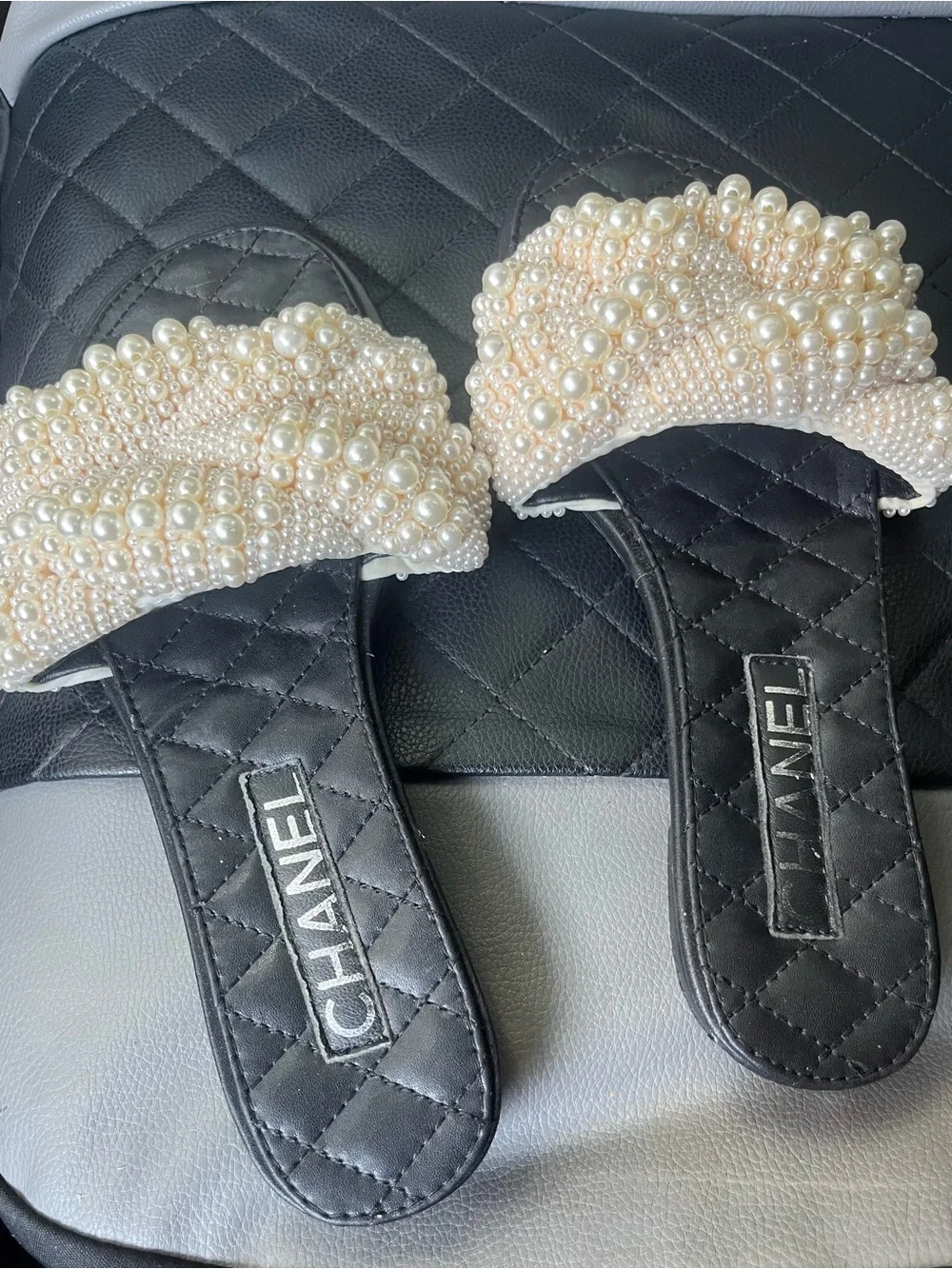 CHANEL Pearl-Embellished Black Slide Sandals with Ivory Beaded Straps